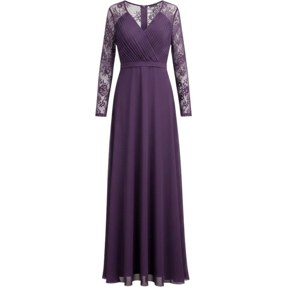 Ever Pretty Plum Purple Lace Long Sleeve Pleated Formal Maxi Dress Plus Size 20